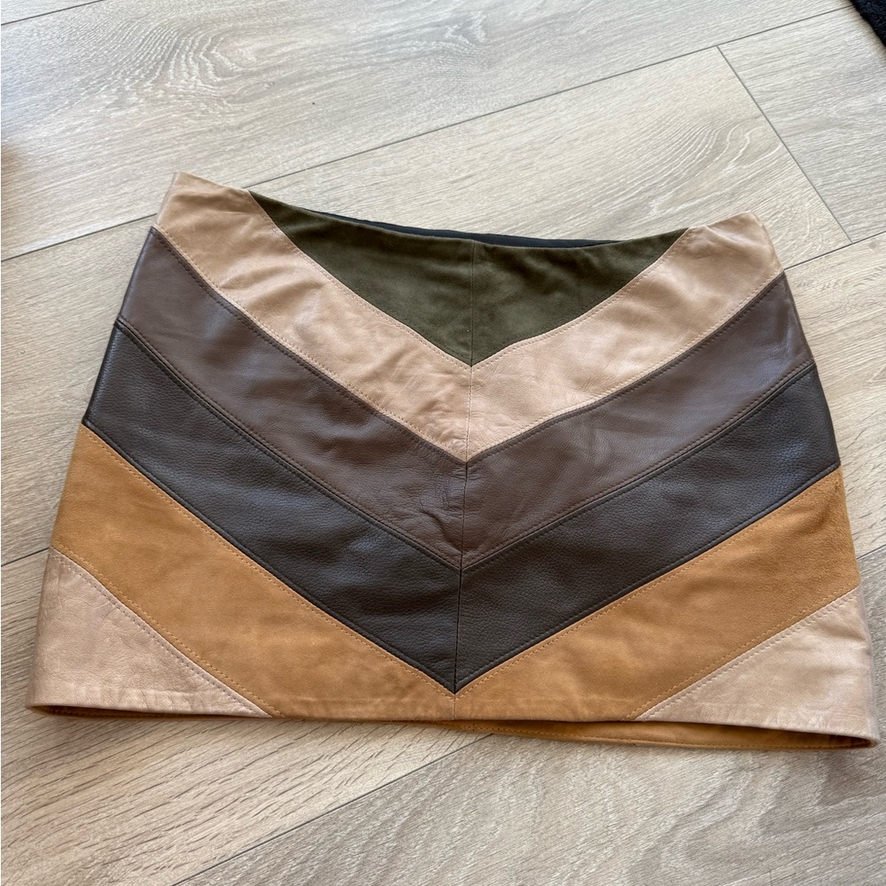 Haute Hippie Chevron Leather Mini Skirt - Brown and Tan